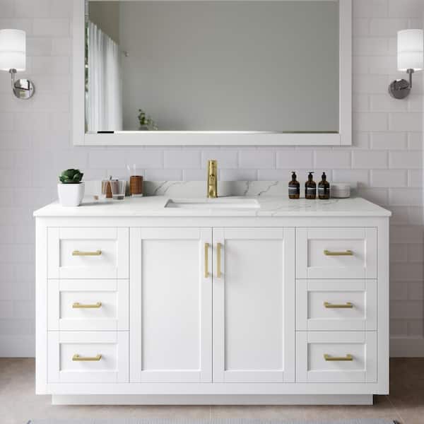 Wyndham Collection Miranda 60 in. W x 22 in. D x 33.75 in. H Single Bath Vanity in White with Giotto Quartz Top and 58 in. Mirror