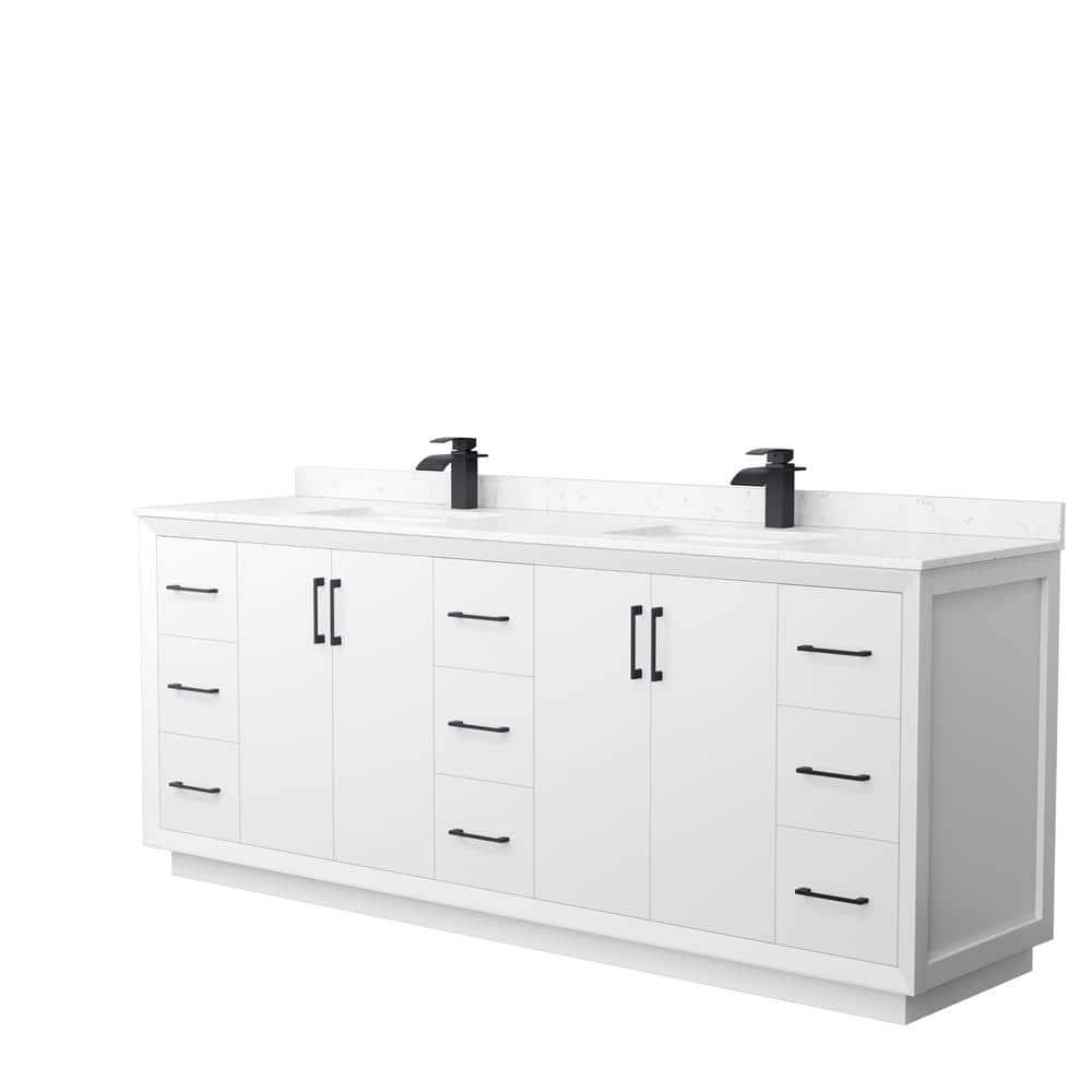 Wyndham Collection Strada 84 in. W x 22 in. D x 35 in. H Double Bath Vanity in White with Carrara Cultured Marble Top, White with Matte Black Trim -  WCF414184DWBC2UNSMXX