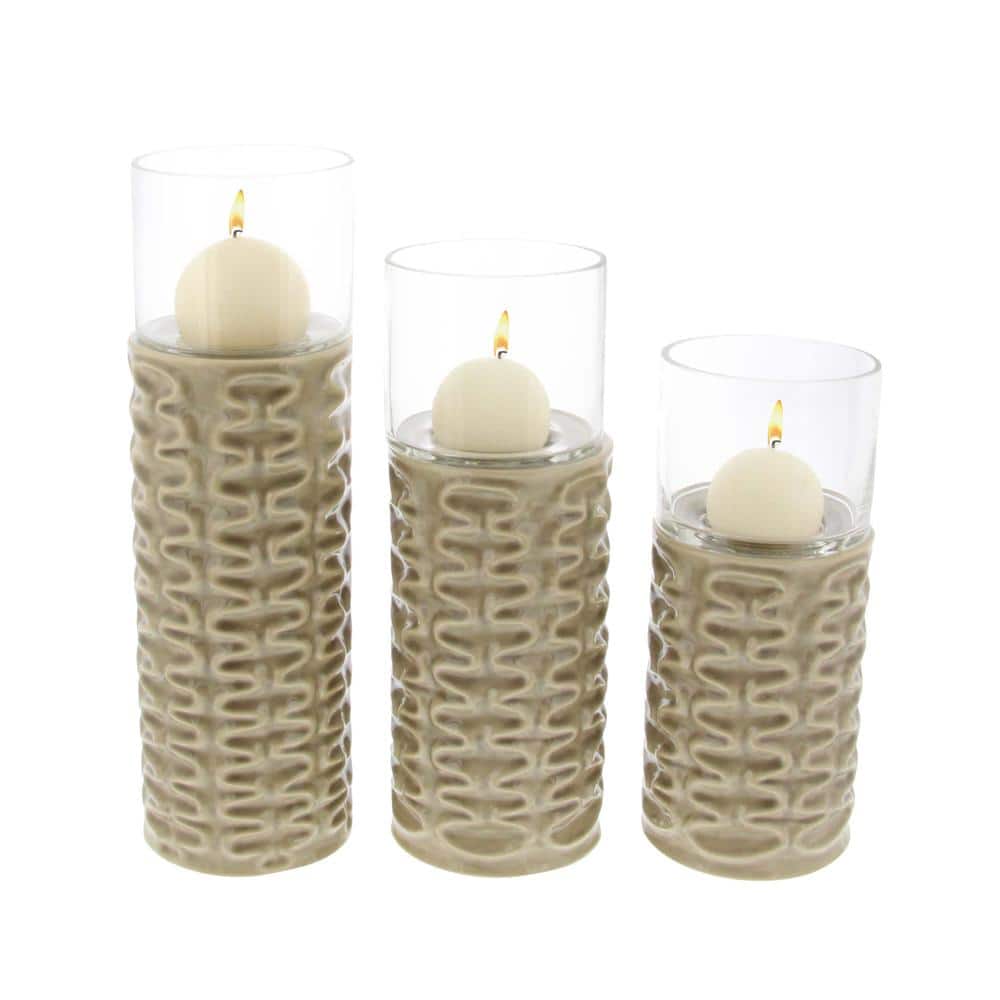 Elegant Matte Light Brown Ceramic Votive Candle Lanterns, Set of 3