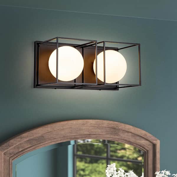 EDISLIVE Sampson 14.57 in. 2-Light Black Bathroom Vanity Light with Opal Glass Shade
