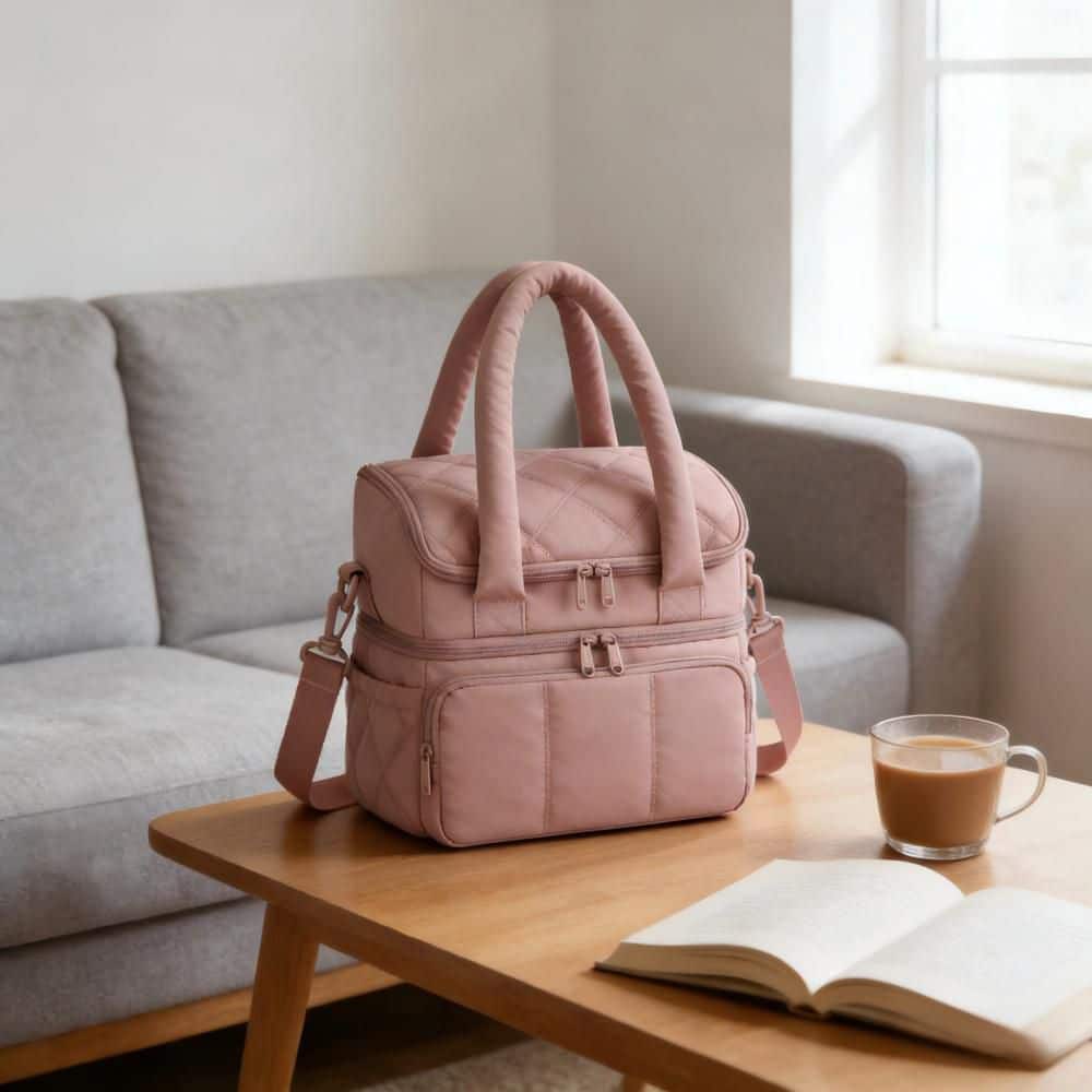 Lunch Bag Large Capacity,Thermal Insulated Leakproof with Adjustable Shoulder Strap and Multi-Pockets for Work,Dark Pink
