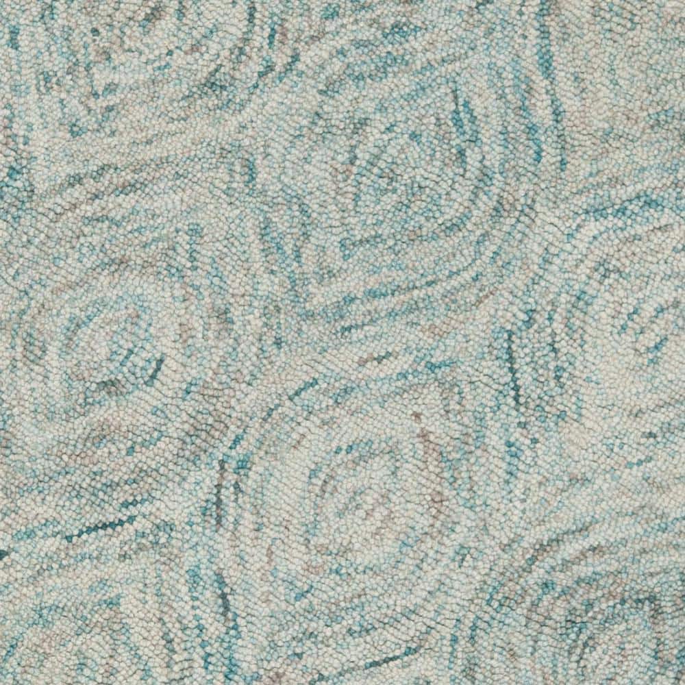 Ivory and Sea Blue Round Wool Geometric Area Rug, 6 ft.