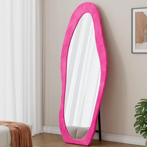 Pink 63 in. H x 24 in. W Irregular Wavy Flannel Wrapped Wood Full Length Mirror for Bedroom, Living Room, Dressing Room
