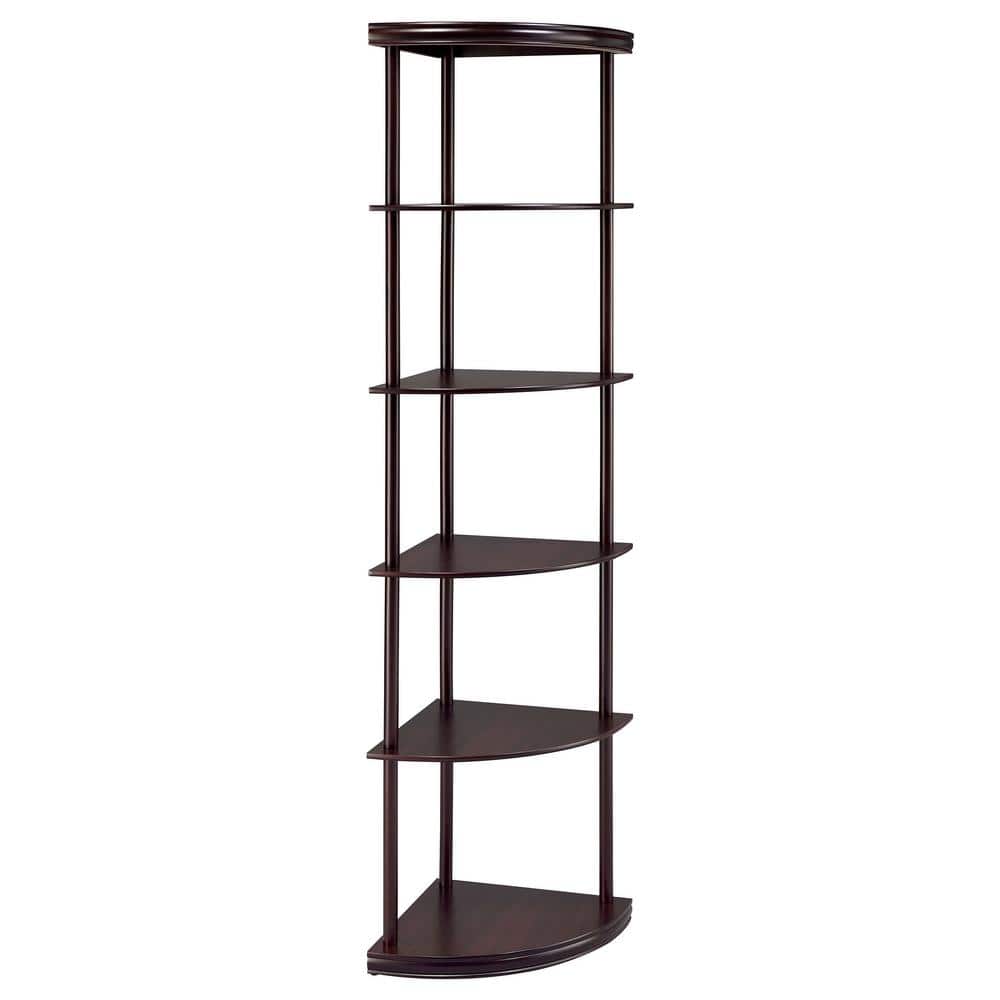 Cappuccino Brown 5-Shelf Corner Bookcase with Metal Frame