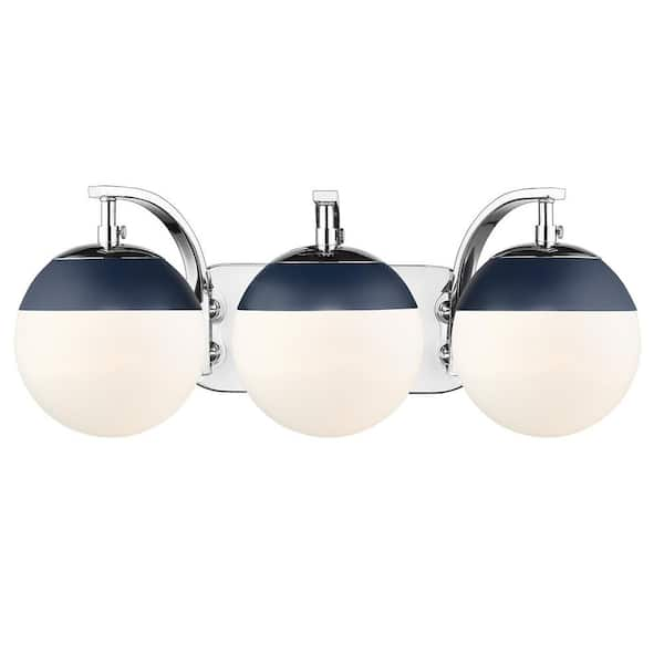 Golden Lighting Dixon 12 in. 3-Light Chrome with Opal Glass and Navy Cap Bath Vanity Light