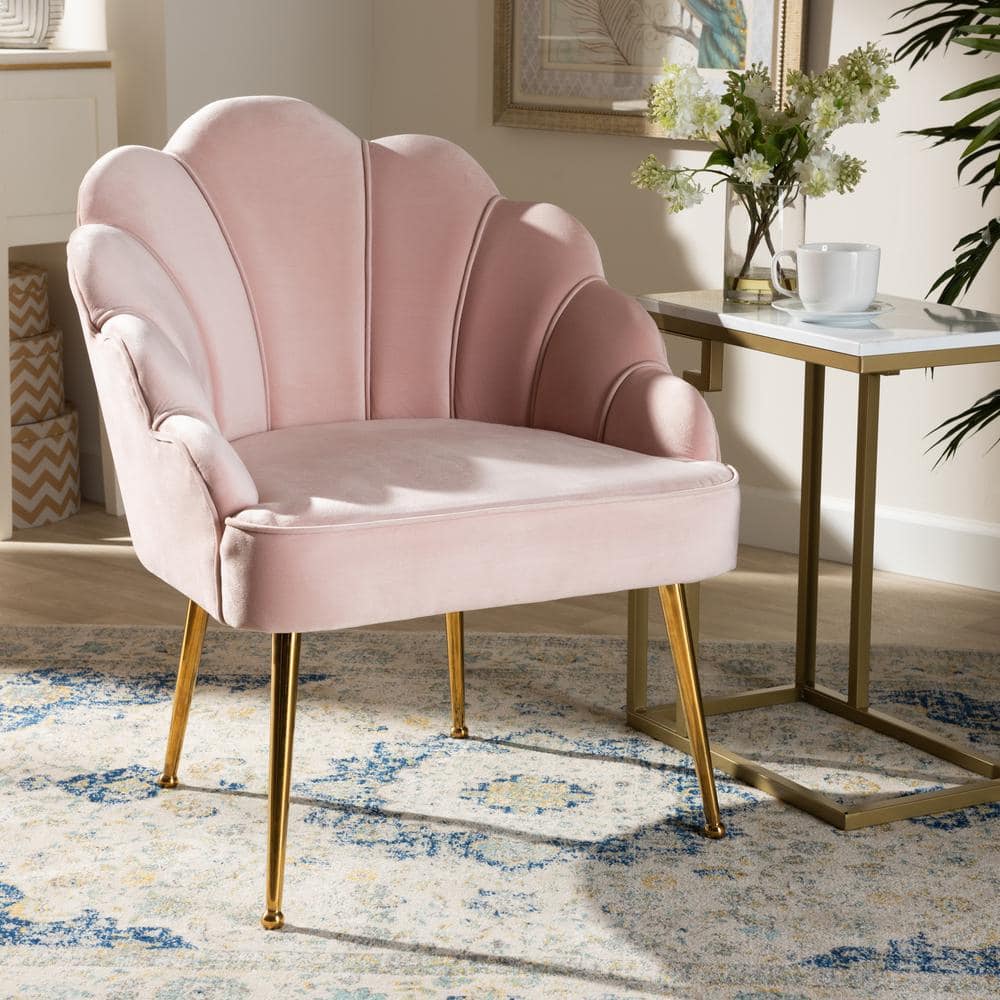 Luxurious Light Pink Velvet & Gold Seashell Accent Chair