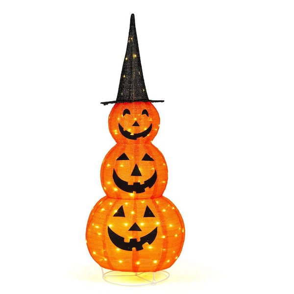 5FT Pre-Lit Collapsible Halloween Stacked Jack-O-Lantern Pumpkin Decor with Witch Hat