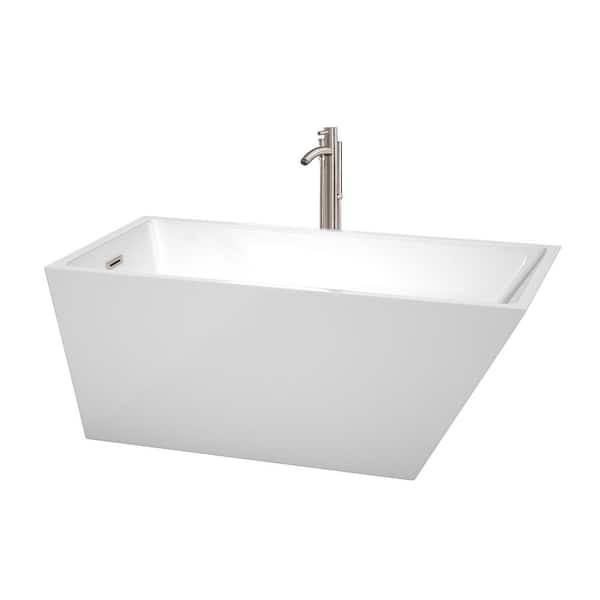 Wyndham Collection Hannah 4.9 ft. Acrylic Flatbottom Non-Whirlpool Bathtub in White with Brushed Nickel Trim and Faucet