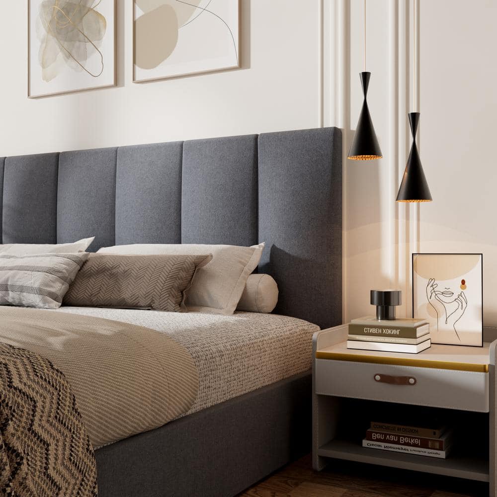 King Dark Grey Linen Upholstered Platform Bed with Tufted Headboard