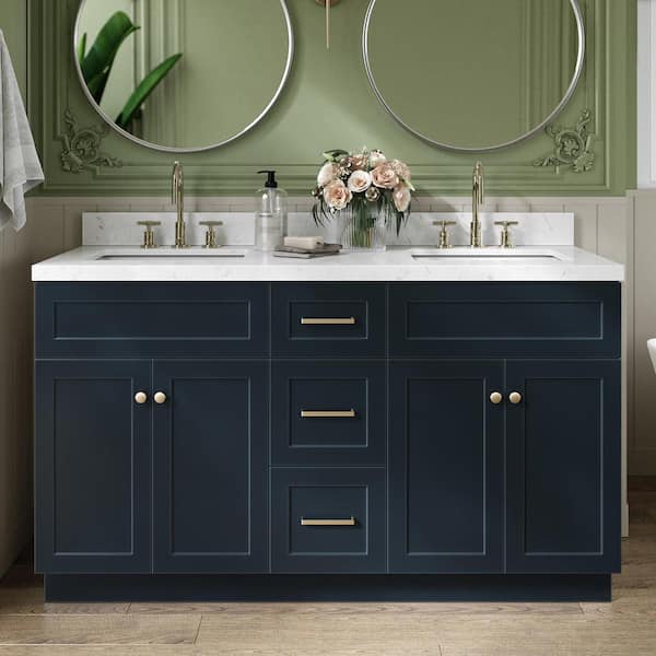 ARIEL Hamlet 60.25 in. W x 22 in. D x 36 in. H Double Sink Freestanding Bath Vanity in Midnight Blue with Carrara Quartz Top