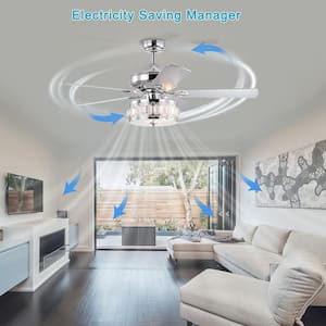 52 in. Smart Indoor/Outdoor Chrome Ceiling Fan with Remote Control and 5 Blades 3-Light Reversible Quiet Chandelier Fan