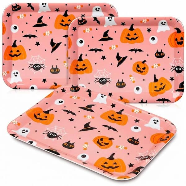 Orange Ceramic 3-Pack 13 x 10 in. Halloween Reusable Serving Tray Pumpkin Ghost Spider Witch Hat Party Platter Trays