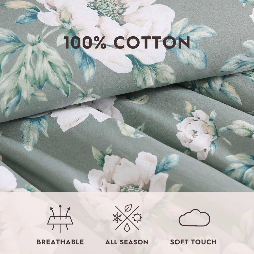 Ivory and Sage Green Cotton Twin Reversible Comforter Set