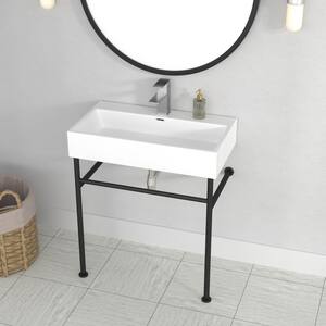 30 in. Ceramic White Single Bowl Console Sink Basin and Leg Combo with Overflow and Pre-Drilled Faucet Hole