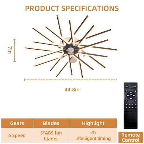 45 in. Indoor Modern Black Ceiling Fan with Light, Flush Mount Ceiling Fan with Remote, Dimmable, 3-Color, 6-Speeds OLUZO Ceiling Fans With Lights