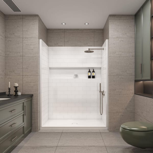60 in. x 32 in. 4-Piece Direct-to-Stud Alcove Shower Wall Kit With Shower Base Combo in White