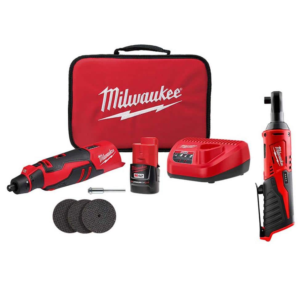 Milwaukee M12 12V Lithium-Ion Cordless Brushless Rotary Tool Kit with ...