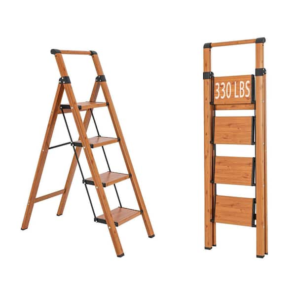 Tatayosi 4-Step Aluminum Folding Step Stool Ladder 330 lbs. Load Capacity Type IA Duty Rating (5.48 ft. Reach Height), Wood GRain