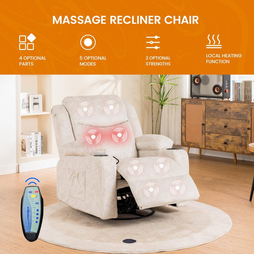 Cream White Fabric Swivel Recliner with Massage and Heat