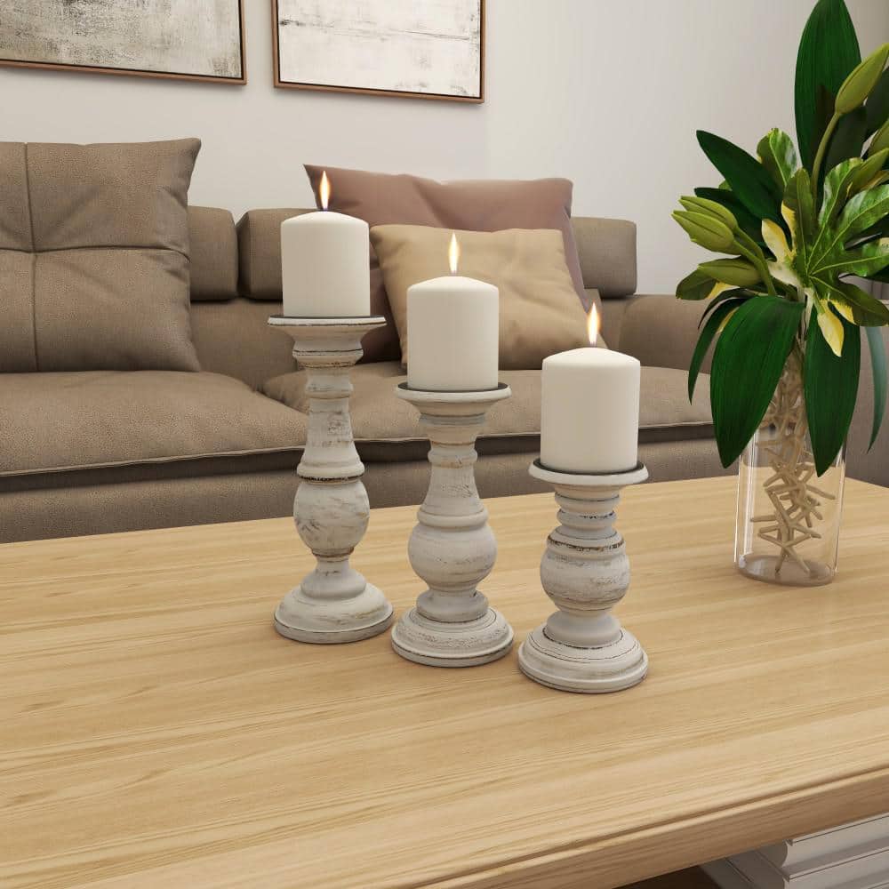 Set of 3 White Distressed Wood Pillar Candle Holders