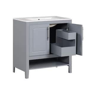 30 in. W x 18 in. D x 33 in. H Bathroom Vanity Cabinet with White Ceramic Sink Top, Solid Frame and MDF Board, Grey