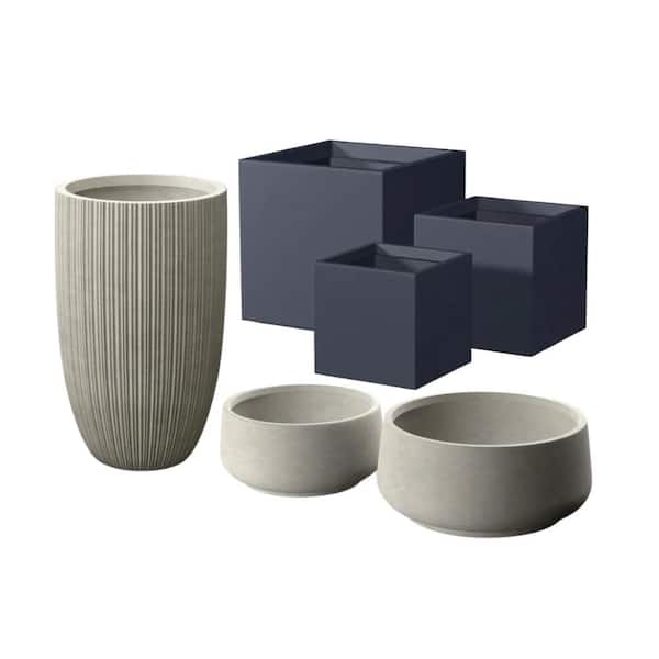 Industrial Light and Granite Gray Lightweight Concrete Planter Set with Drainage Holes (6-Pack)