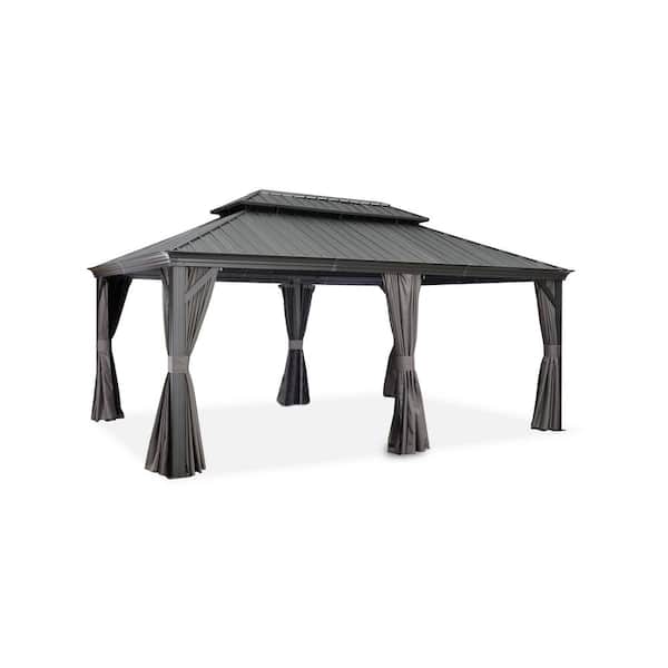 PURPLE LEAF 12 ft. x 18 ft. Gray Aluminum Hardtop Gazebo Canopy for Patio Deck Backyard Heavy-Duty with Netting and Curtains