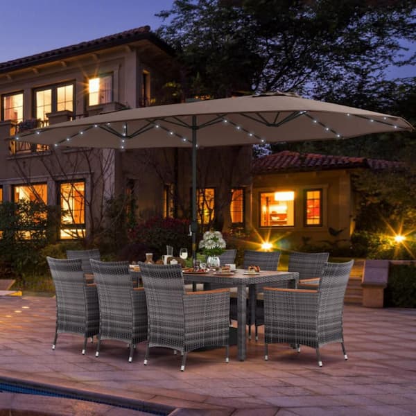 11-Piece Wicker Rectangle Outdoor Dining Set with Beige Cushions and 15 ft. Coffee Patio Umbrella