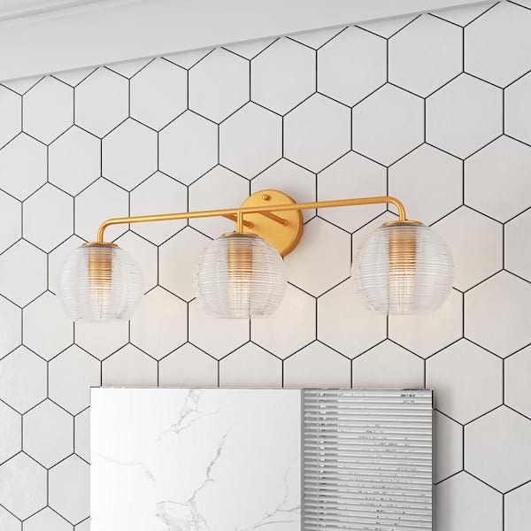 aiwen Modern 26.57 in. 3-Light Gold Vanity Light Fixtures Over Mirror with Globe Texture Glass Shades