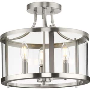 Gilliam 13 in. 3-Light Brushed Nickel Semi-Flush Mount with Clear Glass Shade