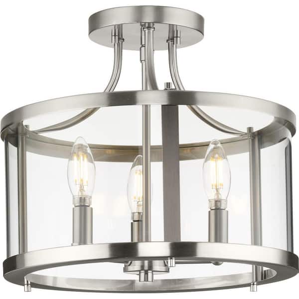 Progress Lighting Gilliam 13 in. 3-Light Brushed Nickel Semi-Flush Mount with Clear Glass Shade