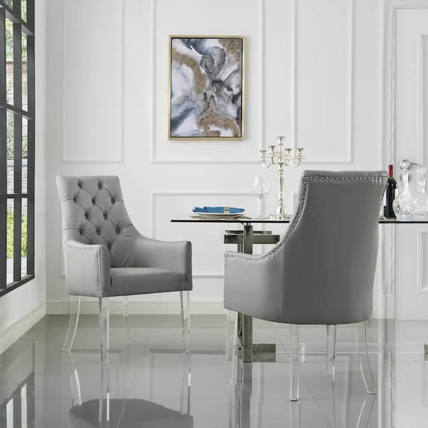 Acrylic Leg Dining Chair Set, Gray Leather Dining Room Chairs