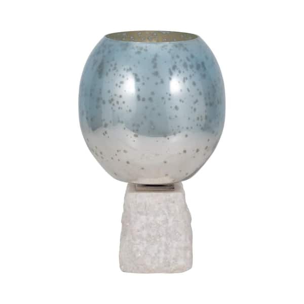 Blue 13 in. Glass Coastal Bowl Pillar Candle Holder with Marble Base