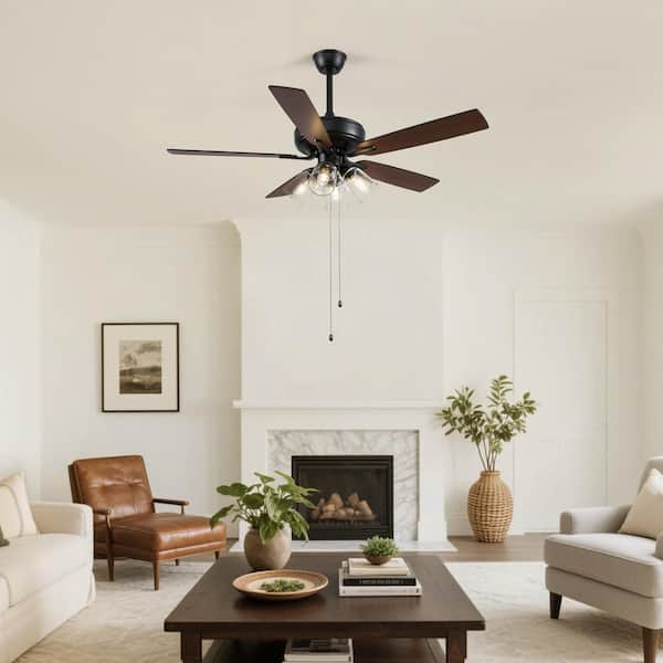 52 in. Indoor Matte Black Downrod Mount Traditional Pull-Chain Ceiling Fan with Lights Remote Control Included