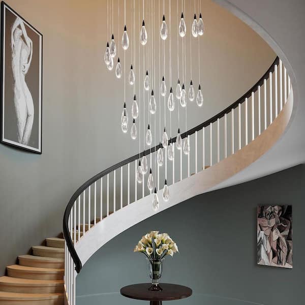 189 in. H 43-Light Black LED Globe Crystal Chandelier Luxury Teardrop Staircase Chandelier for High Ceiling Foyer, Entry
