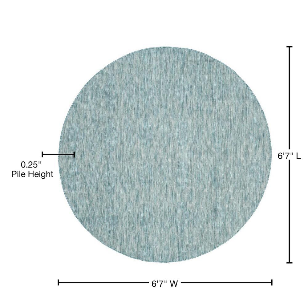 Aqua Blue Round Geometric Synthetic Outdoor Area Rug