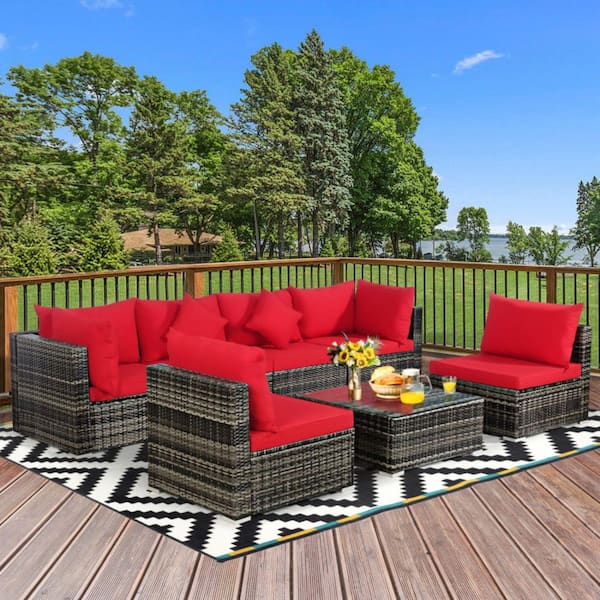 Kadehome 7-Piece Rattan Metal Sectional Patio Conversation Set with Cushion in Red