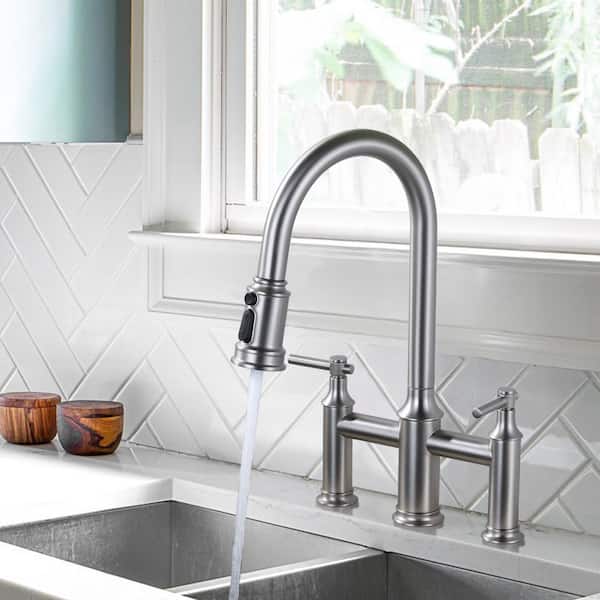 Double Handle Bridge Kitchen Faucet with 3-Spray Patterns and 360 Degrees Rotation Spout in Brushed Nickel
