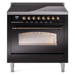 Nostalgie II 36 in. 6 Zone Freestanding Induction Range in Glossy Black with Bronze