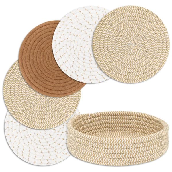 Trivets and Hot Pads Set with Storage Basket for Hot Dishes, Pots and Pans, Kitchen, Home and Decor, Mix Brown (5-Pack)