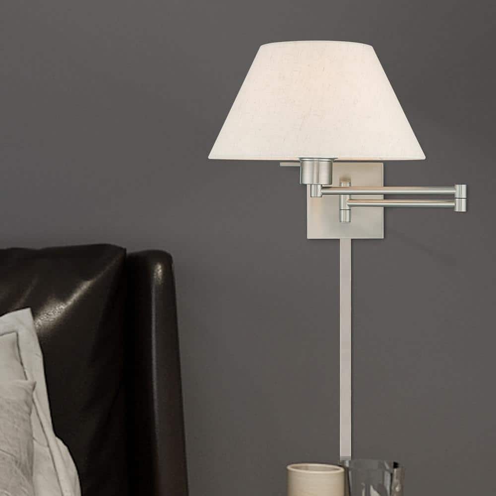 Brushed Nickel Swing Arm Wall Light with Oatmeal Fabric Shade