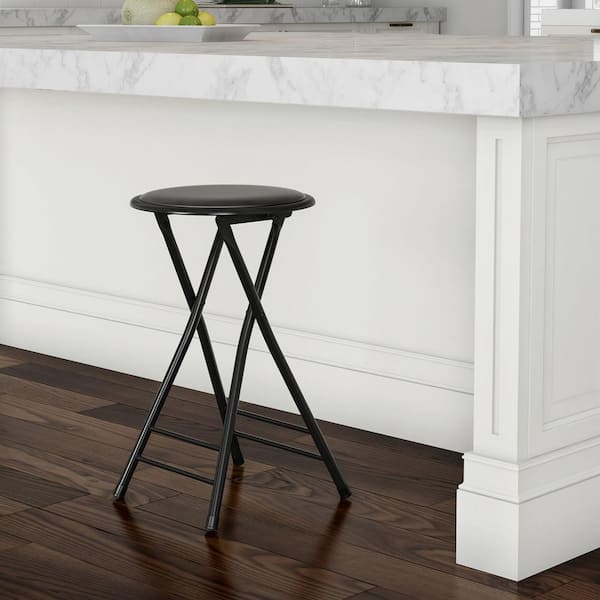 24 in. H Black Round Metal Folding Stool with Padded Seat, 14.25 in. L Portable Indoor Counter Bar Stool