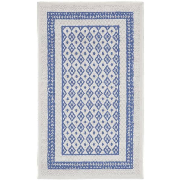 HomeRoots 3 ft. x 5 ft. Ivory and Blue Geometric Distressed Area Rug ...