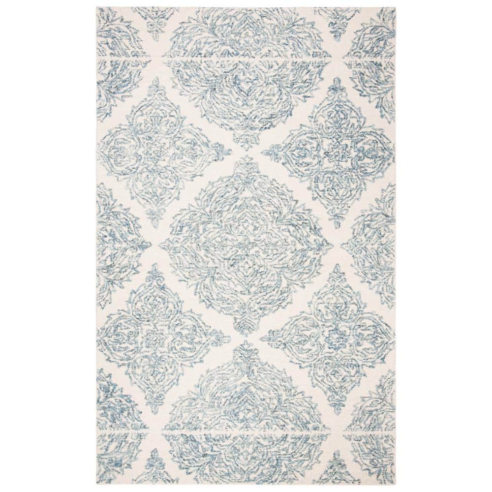 Ivory and Blue Handmade Tufted Wool Abstract Rug