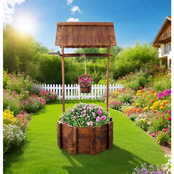 NO 83ぽゆうる三角屋根welcome MY Garden 5段ブラウン Brown Outdoor Wood Rustic Wishing Well Planter with Hanging Bucket