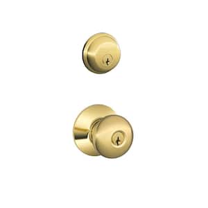 Plymouth Bright Brass Double Cylinder Deadbolt and Keyed Entry Door Knob Combo Pack