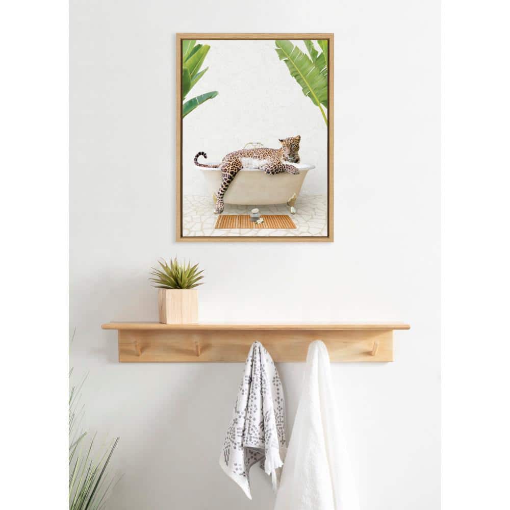 Natural Framed Leopard in Bath Canvas Wall Art, 18x24
