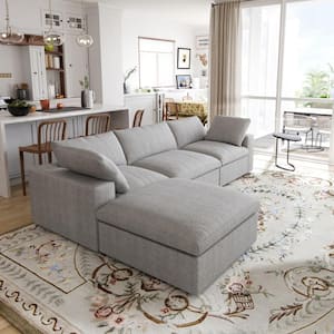 120.3 in. Square Arm Linen L Shaped Free Combination Modular 3-Seater Sectional Sofa with Ottoman in Gray