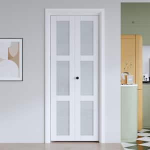 28 in. x 80 in. 3 Lite Frosted Glass White Finished Solid MDF Bi-Fold Door with Hardware Kit