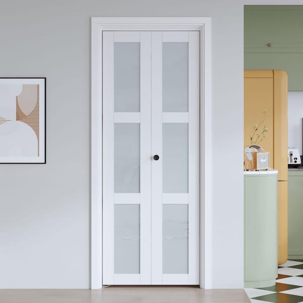 easelife 28 in. x 80 in. 3 Lite Frosted Glass White Finished Solid MDF Bi-Fold Door with Hardware Kit